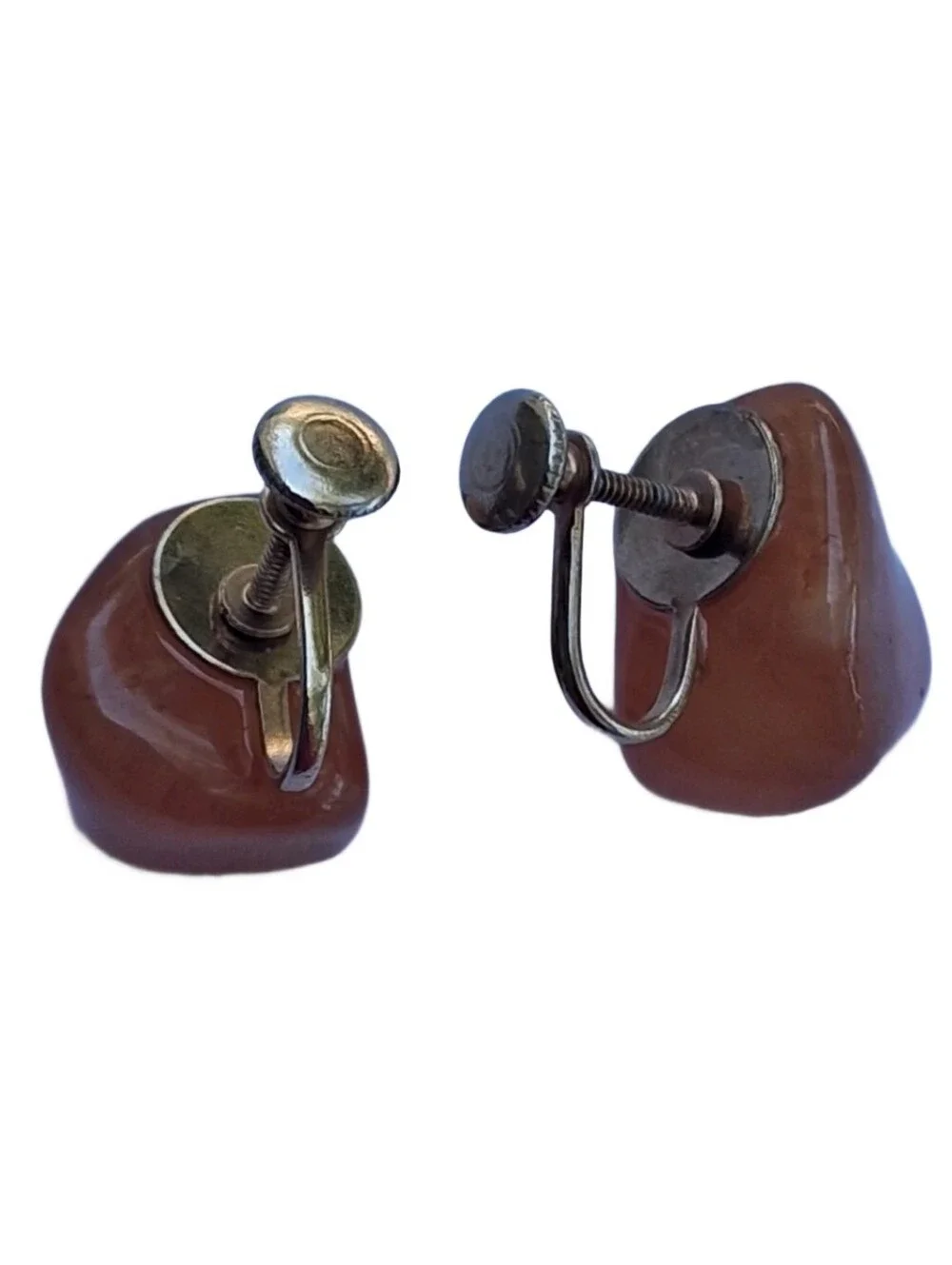 VTG Genuine Carnelian Agate Tumbled Stone Screw Back Earrings Mid Century